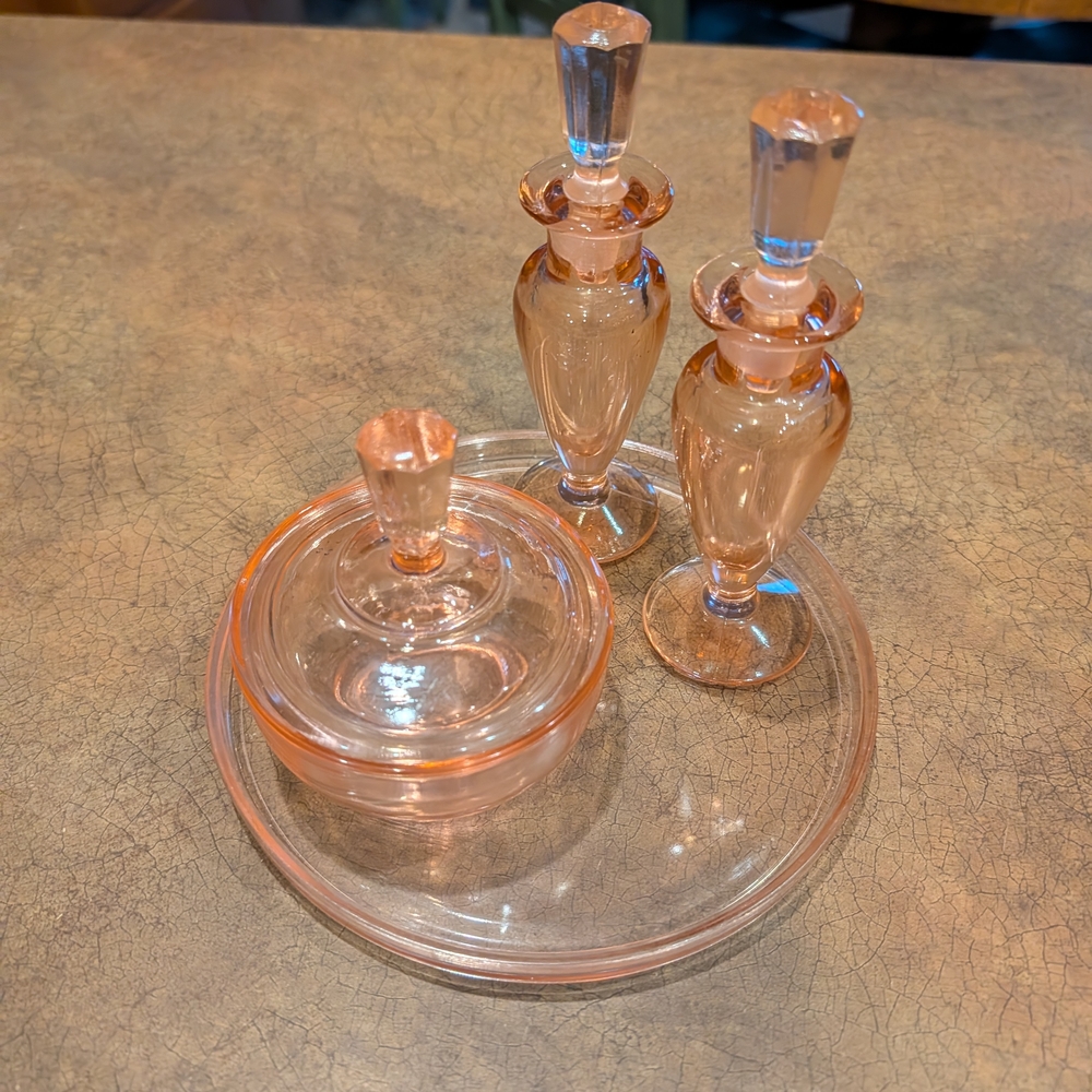 Elegant Glass Vanity Tray Set with Pink Accents